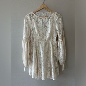 Free People Antique Ivory Lace Puff Sleeve Vintage Style Mini Dress Size XS